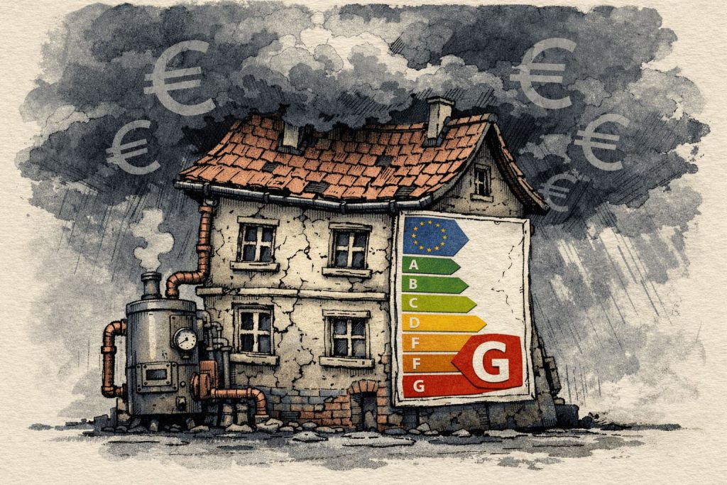 Illustration eines alten europäischen Hauses unter Druck: Rissige Fassade, alte Fenster und leicht verzerrte Form vermitteln Belastung. Dunkle Sturmwolken verstärken die dramatische Stimmung. Ein rotes Energieeffizienz-Label (Klasse G) sowie sichtbare alte Heizungsrohre und dezente Euro-Symbole im Hintergrund stehen für steigende Kosten und Sanierungsbedarf. Sanierungspflicht für alte Gebäude