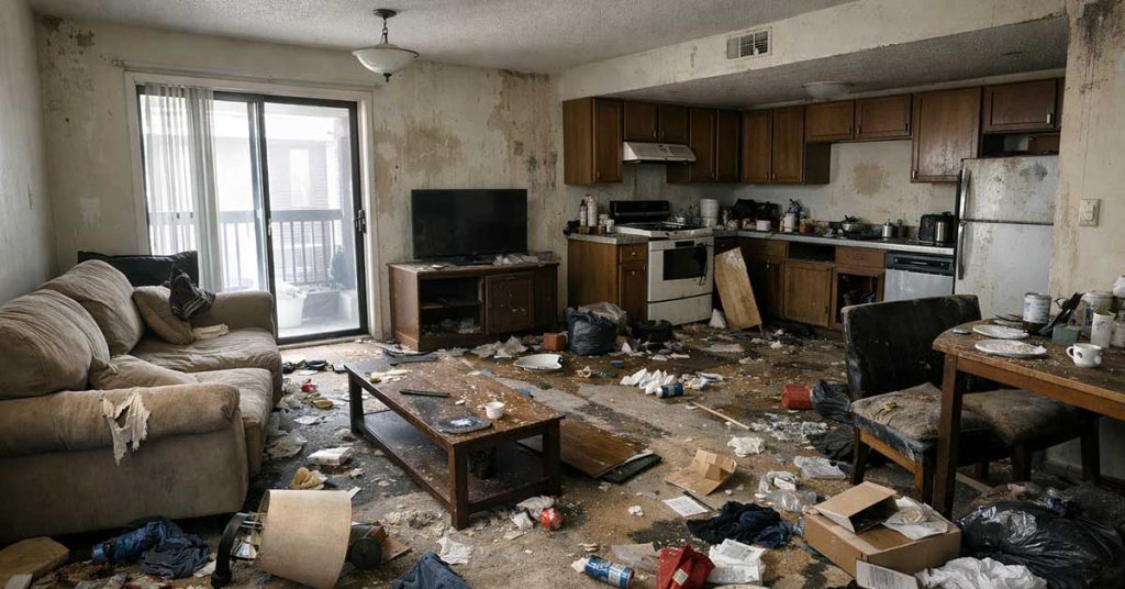 Verwahrloste Mietwohnung mit verstreutem Müll, beschädigten Möbeln und verschmutzter Küche als Sinnbild für Risiken wie Mietnomaden und andere. | Immobilienvermietung